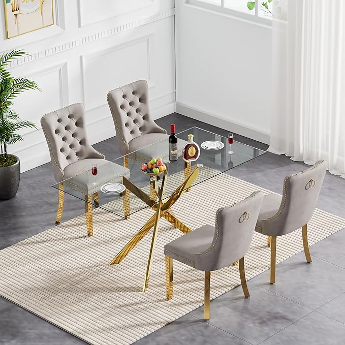 Goujxcy Glass Dining Table Set for 4, Modern Kitchen Table and Chairs Set of 4, 5-Piece Kitchen Dining Room Table Set w/51 Gold Glass Dining Table and 4 Grey Velvet Upholstered Chairs