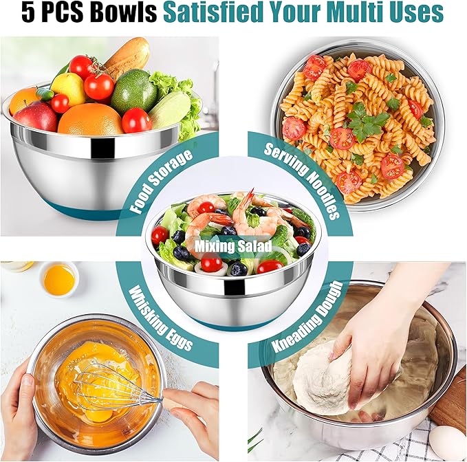 P&P CHEF Mixing Bowl with Lid Set, 5 Piece Stainless Steel Mixing Nesting Bowls for Salad Storage, 3 Grater Attachments & Non-Slip Bottoms, Size 1/1.5/2 / 2.6/4.6 QT, Blue