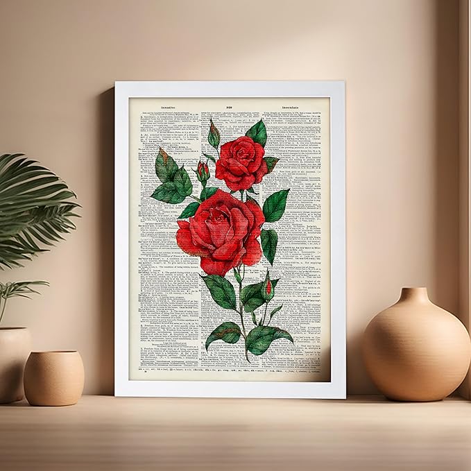 Poster Master Dictionary Art Poster - Red Roses Print - Flower Art - Floral Art - Gift for Men, Women & Florist - Minimal Decor for Living Room, Bedroom, Dorm or Flower Shop, 16x20 White Framed