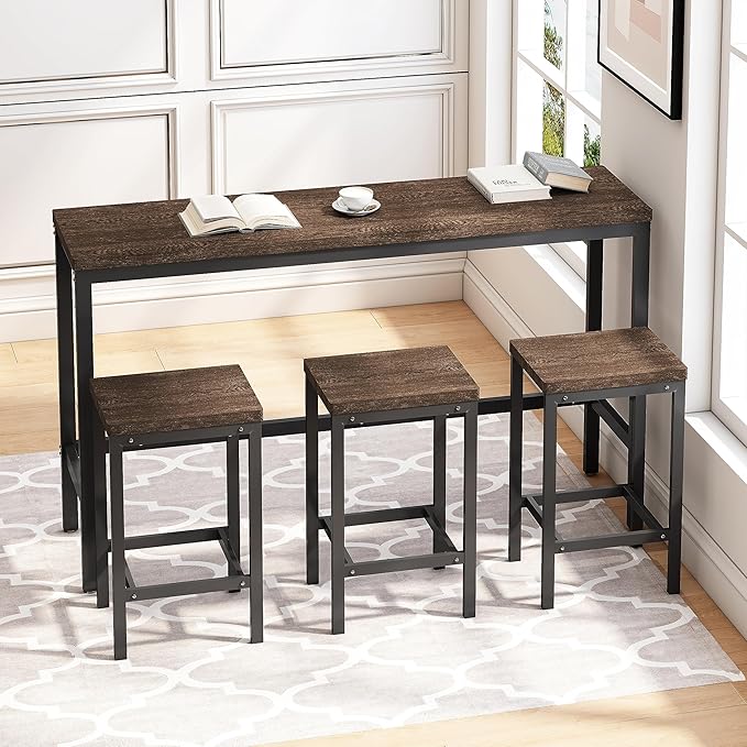 Harper & Bright Designs 4-Piece Dining Set with Long Table & 3 Stools, Space-Saving Design, for Kitchen/Living Room, Dark Brown