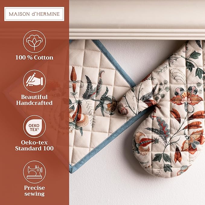 Maison d' Hermine 100% Cotton Oven Mitt & Pot Holder Set (7.5"x13" & 8"x8") Heat Resistant BBQ Cooking Gloves with Loop for Thanksgiving Christmas Decorations Handling Hot Pans (Dalida)