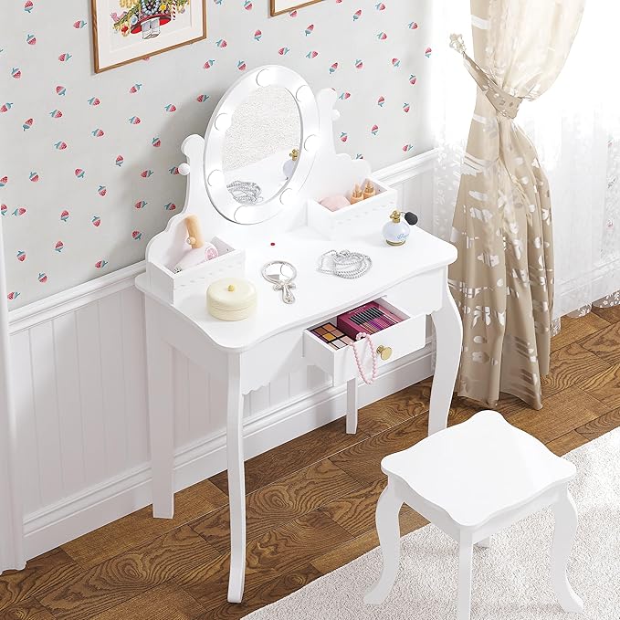 Spirich Kids Vanity, Girls Vanity Set with Mirror and Stool and Lights, Kids Vanity Table and Chair Set,Wooden Princess Makeup Desk Dressing Table