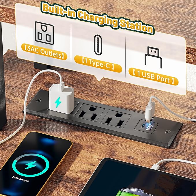 55 Inch Computer Desk with Drawer, Office Desk with Printer Storage Shelves & File Cabinet,Gaming Desk with LED & Power Outlet,Study Table with Monitor Shelf for Home Office Dorm Bedroom Rustic Brown