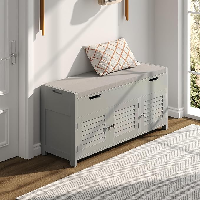 ChooChoo 41.3" Shoe Storage Bench with Lift Top Storage, Entryway Bench with Cushioned Seat, Adjustable Shelf, Shoe Cabinet with Hidden Space, for Entryway, Bedroom, Living Room, Grey