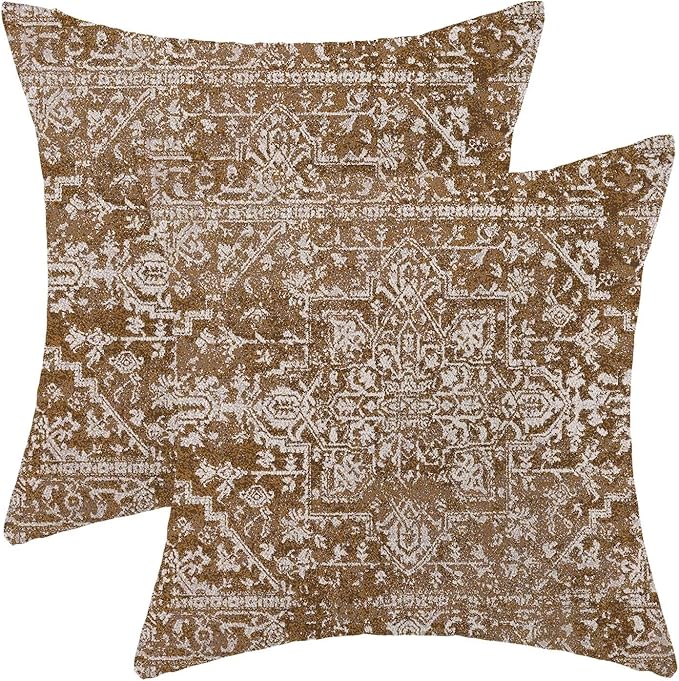 Boho Brown Throw Pillow Covers 18x18 Inch Set of 2, Carpet Pattern Neutral Decorative Throw Pillow Covers Bohemia Brown Linen Outdoor Cushion Cover for Sofa Couch Farmhouse Room Bed Decor
