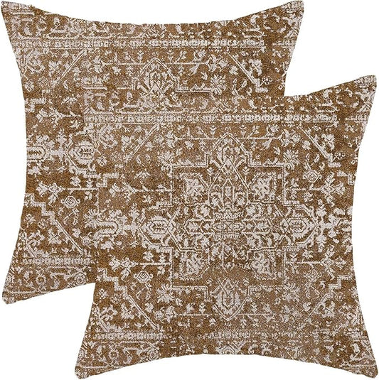 Boho Brown Throw Pillow Covers 18x18 Inch Set of 2, Carpet Pattern Neutral Decorative Throw Pillow Covers Bohemia Brown Linen Outdoor Cushion Cover for Sofa Couch Farmhouse Room Bed Decor