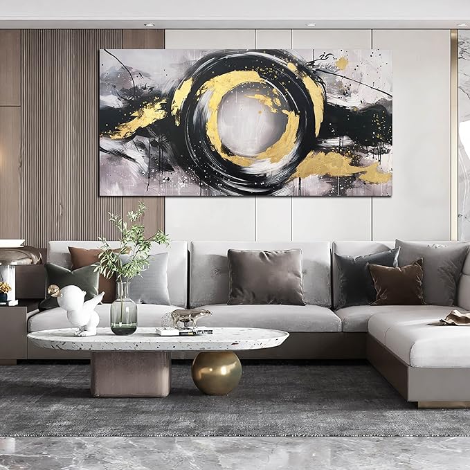 Black White and Gold Wall Art for Living Room Large Size - Hand Painted Wall Art for Bedroom - Abstract Painting Wall Decor Office Size 29" x 59"