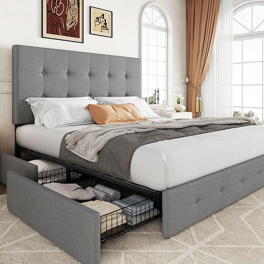 Allewie Upholstered Queen Size Platform Bed Frame with 4 Storage Drawers and Headboard, Square Stitched Button Tufted, Mattress Foundation with Wooden Slats Support, No Box Spring Needed, Light Grey