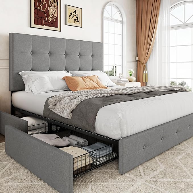 Allewie Upholstered Full Size Platform Bed Frame with 4 Storage Drawers and Headboard, Square Stitched Button Tufted, Mattress Foundation with Wooden Slats Support, No Box Spring Needed, Light Grey