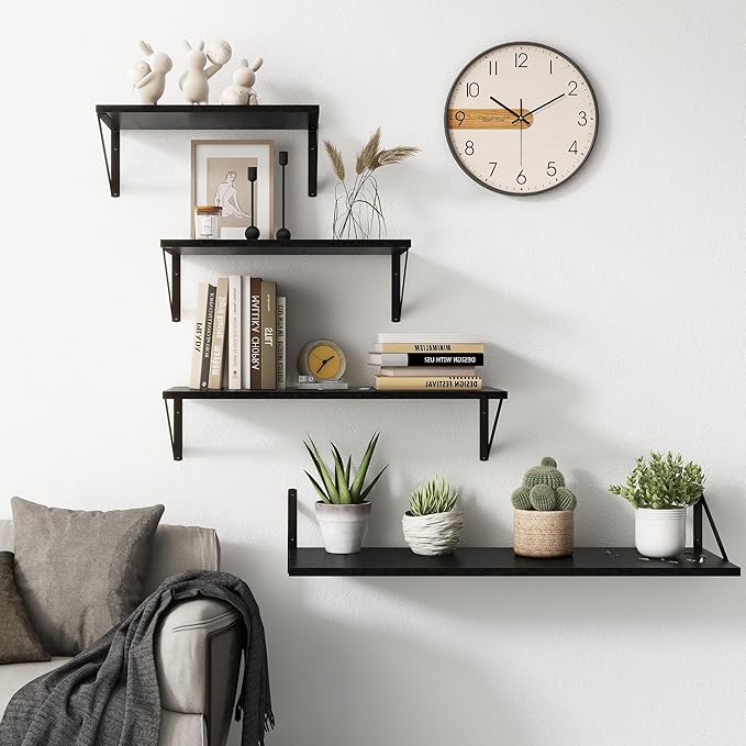 Fun Memories Black Floating Shelves 18 Inch Long, Rustic Floating Shelf with Brackets, 10 Inch Deep Wall Shelves, Black Bathroom Shelves, 18 x 10 Storage Shelf for Kitchen, Living Room, Set of 2