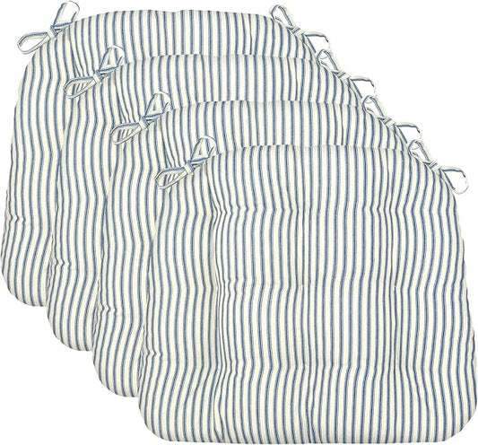 Barnett Home Decor Dining Chair Cushions with Ties, 16.5 x 18, Pack of 4 – Ticking Stripe Navy Blue – 100% Cotton, Latex Foam Fill, Made in USA