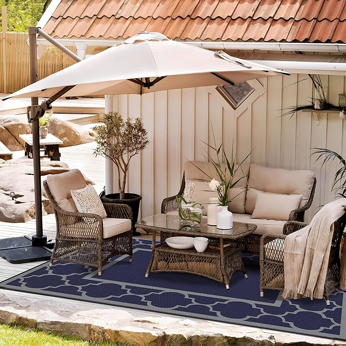 GENIMO Outdoor Rug 8' x 10' Patio Waterproof, Foldable Reversible Plastic Straw Area Rugs Mat for Camper Decor, Outside Carpet for Rv, Deck, Porch, Picnic, Beach, Balcony, Blue & Grey