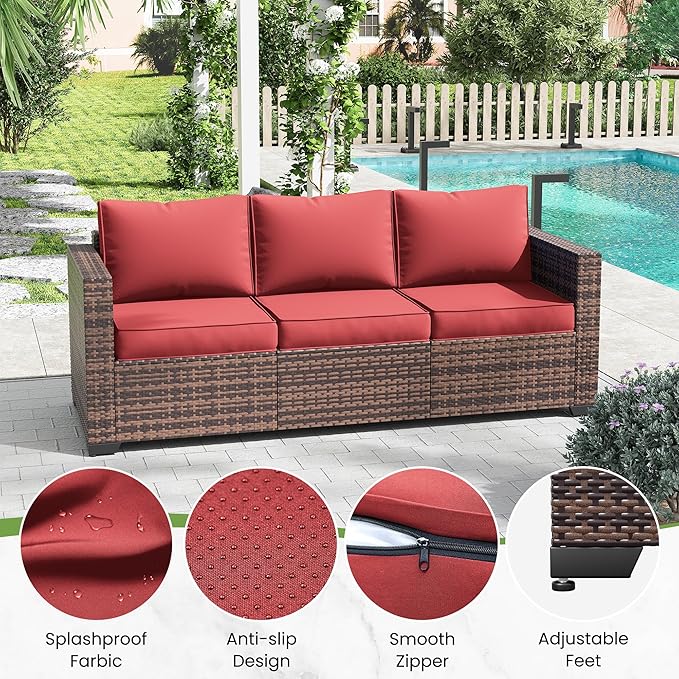 Amopatio Patio Couch, 2-Seat Outdoor Furniture, Wicker Porch Furniture Outdoor Couch Sofa with Water-Resistant Cover & Non-Slip Cushions, Premium Patio Set, Burgundy