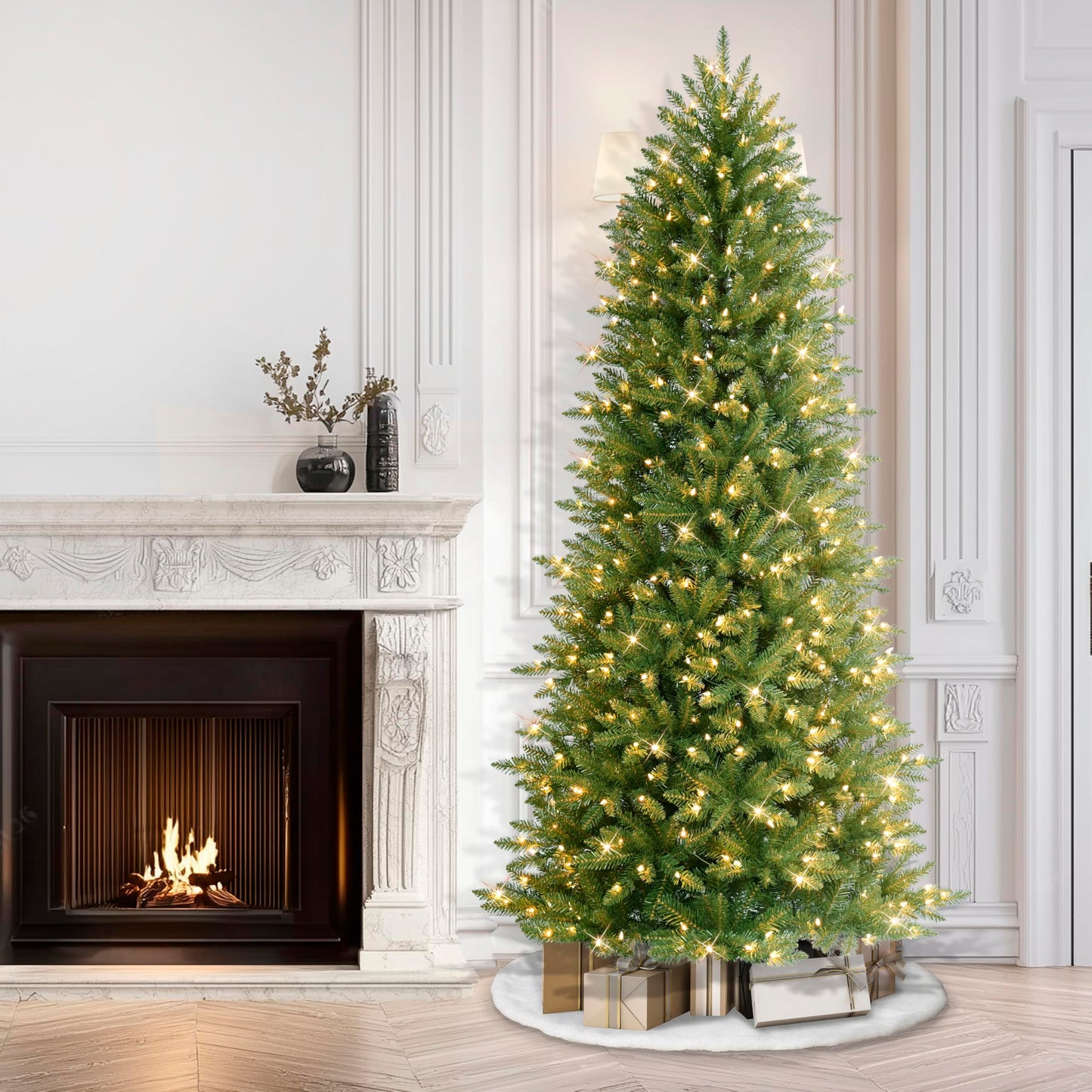 Puleo International 9ft Pre-Lit Slim Fraser Christmas Tree with 800 Clear Lights, 2093 Realistic Dense Branch Tips, Easy Setup Artificial Trees with Sturdy Metal Stand