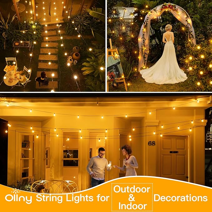 Ollny 25FT Outdoor String Lights, Waterproof Connectable Shatterproof Outside Light with 13 Edison + 1 Spare LED Bulbs Plug in, Patio Lights for Indoor Balcony Porch Camping Deck
