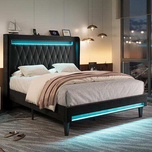 Allewie Upholstered Full Size Platform Bed Frame with LED Light and Charging Station, Button Tufted High Headboard, Wingback Design, Noise Free, Easy Assembly, No Box Spring Needed, Black