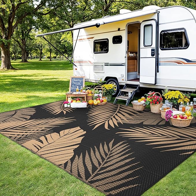 Outdoor Rug 5’x8’ Waterproof for Patio Clearance, Reversible Indoor Outdoor Plastic Straw Camping Rug Carpet, RV Mat, Large Area Rug for Deck, Backyard, Balcony, Porch, Beach, Black & Brown