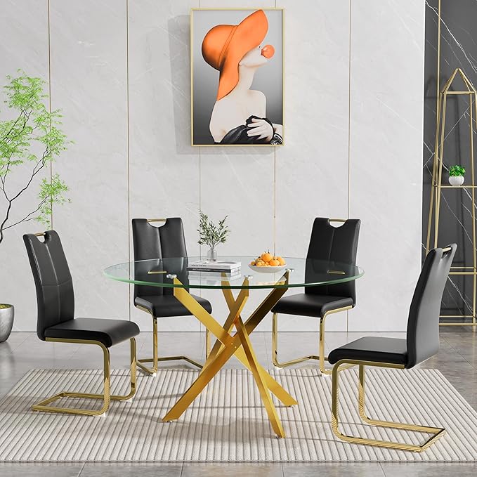 Goujxcy Round Dining Table Set for 4, Modern Glass Kitchen Table and Chairs Set of 4, 5 Piece Dining Room Table Set with 47" Circle Gold Metal Glass Dinner Tables and 4 Black Leather Dining Chairs