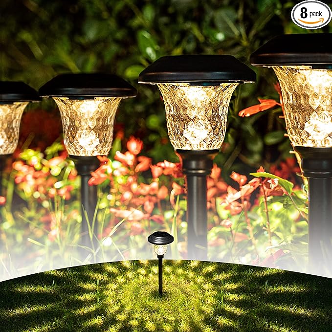 GIGALUMI 8 Pack Solar Pathway Lights, Solar Garden Lights Outdoor Warm White, Waterproof Led Path Lights for Yard, Patio, Landscape, Walkway (Black)