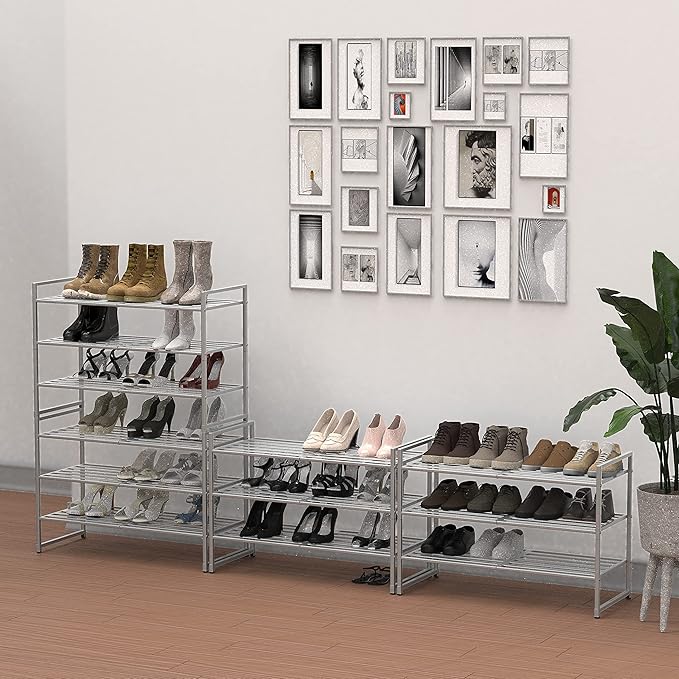 SIMPLE HOUSEWARE 3-Tier Stackable Metal Panel Shoes Rack, Silver