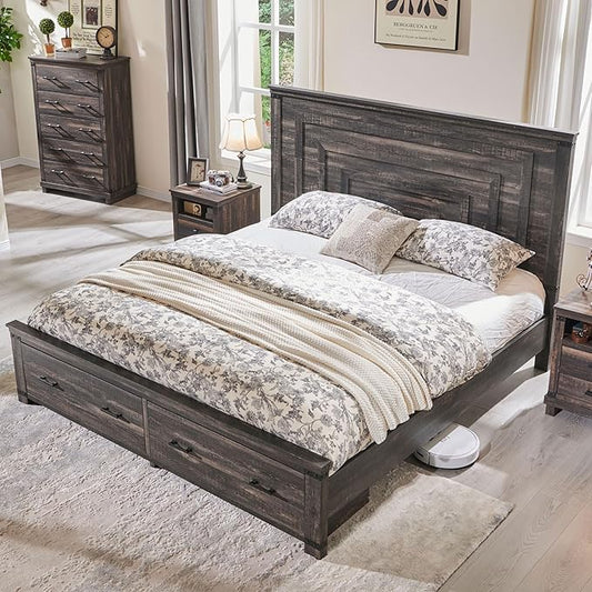 T4TREAM Farmhouse King Size Bed Frame with 54" Tall Geometric Headboard & 2 Large Storage Drawers, Rustic Wood Platform Bed with Wood Slats Support, No Box Spring Needed, Dark Rustic Oak