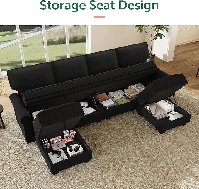 HONBAY Convertible Sectional Sofa with Storage U Shaped Sectional Couch with Reversible Chaise Small Sectional Couches for Living Room,Mid Black