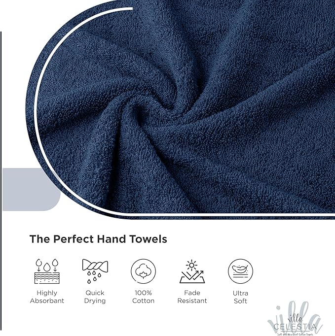 100% Cotton Hand Towel Set of 4, (16 x 28 inches) Sustainable, Soft, Highly Absorbent, Quick Drying, Combed Cotton Hand Towels Pack of 4 Ideal for Hotels, Spa, Bathroom, Dorm, Navy Blue