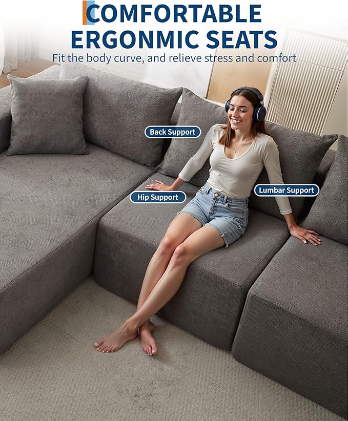 Garvee 108" Modular Sectional Sofa,Cloud Couch Sectional with Left Chaise | Compressed l Shaped Sofa for Living Room | Boneless Couch & Sofa Bed Design,No Assembly Required, Gray