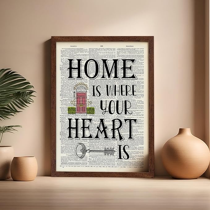 Poster Master Dictionary Art Poster - Home Is Where Your Heart Is Print - Motivational Art - Gift for Men & Women - Inspiring Wall Decor for Dorm, Bedroom or Living Room, 16x20 Brown Framed