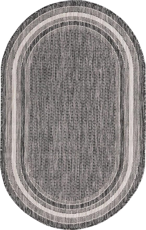 Unique Loom Outdoor Border Collection Area Rug - Soft Border (3' 3" x 5' 3" Oval, Black/ Ivory)