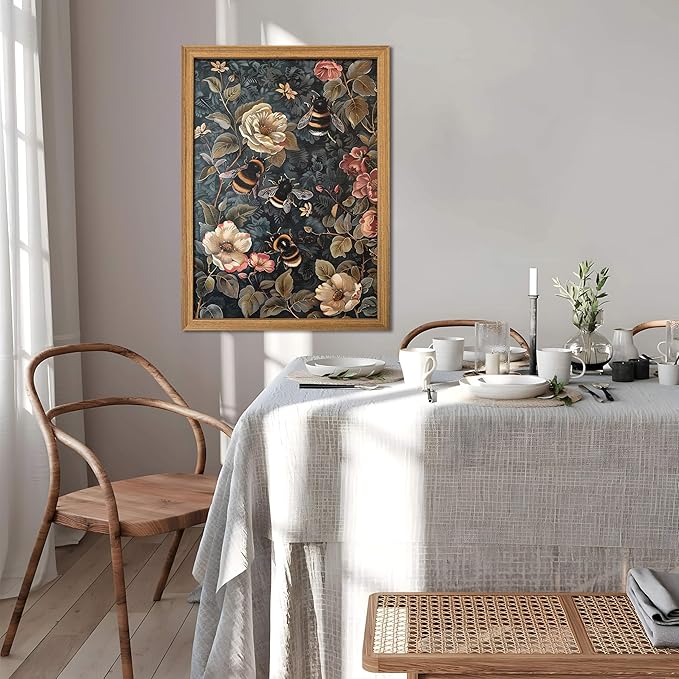 Framed 3D Textured Vintage Wall Art - Dark Academia Bumble Bee Hand Drawn Sandstone Paintings with Botanical Florals, Aesthetic Wall Decor for Living Room Bedroom Home 24x36 inch