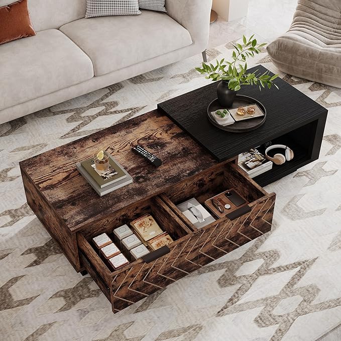 Tribesigns Extendable Coffee Table with 2 Storage Drawers, Dual-Tone Center Table with Sliding Tabletop, Multi-Functional Wooden Rectangle Cocktail Table for Living Room (Black & Rustic Brown)
