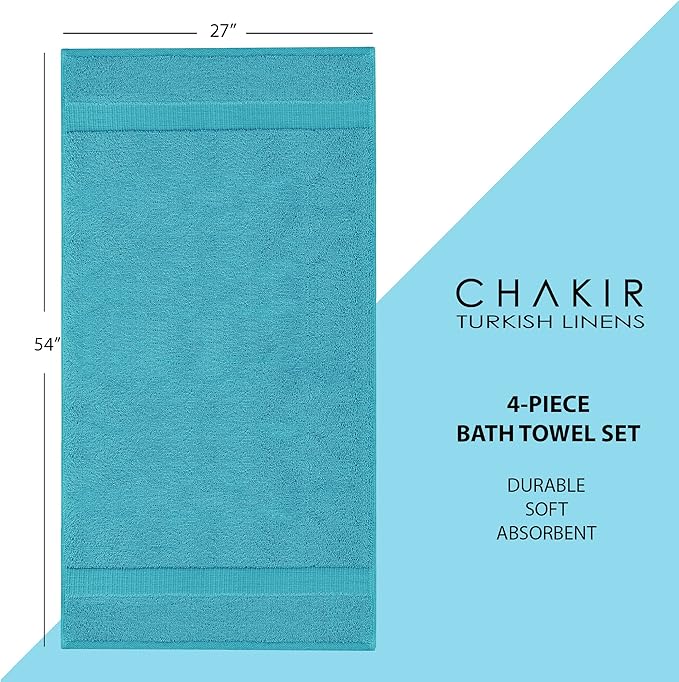 Chakir Turkish Linens | Hotel & Spa Quality 100% Cotton Premium Turkish Towels | Soft & Absorbent (4-Piece Bath Towels, Aqua)