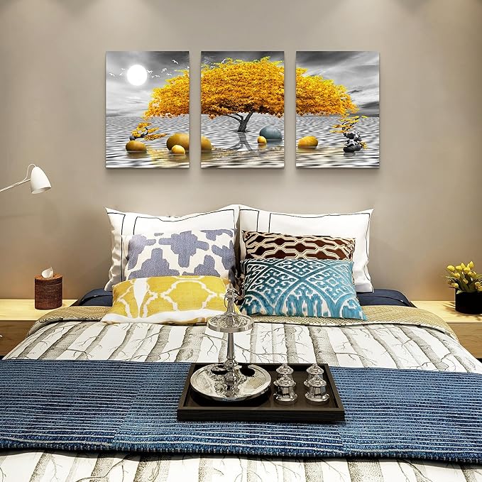 Wall decorations for living room Canvas Wall Art for bedroom Abstract wall decor Black and white Canvas Art Yellow tree paintings bathroom Home Decoration 3 Piece Hang Pictures Office Wall Artworks