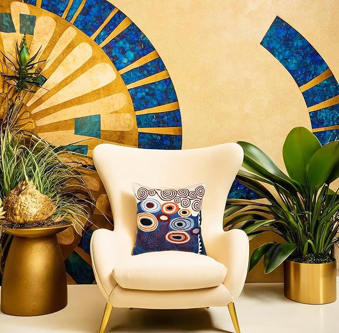 Klimt Blue Decorative Pillow Cover Contemporary Chair Cushion | Modern Blue Sofa Pillowcase | Modern Outdoor Pillows | Mid Century Chair Cushions | Hand Embroidered | Wool Size 18x18