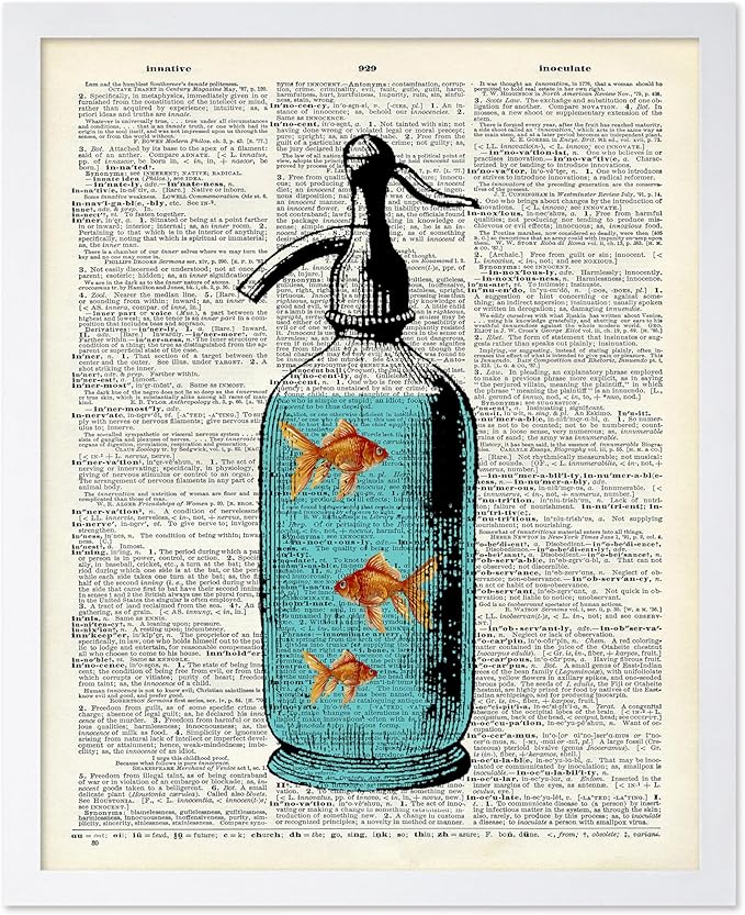 Poster Master Dictionary Art Poster - Goldfish Bowl Print - Fish Art - Aquarium Art - Gift for Men, Women & Animal Lover - Minimal Decor for Living Room, Bathroom or Office, 11x14 White Framed