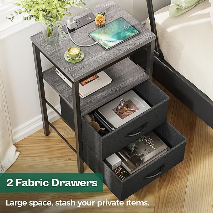 Huuger Nightstand with Charging Station, Side Table with Fabric Drawers, End Table with Open Shelf, Bedside Table with USB Ports and Outlets, Night Stand for Bedroom, Charcoal Gray