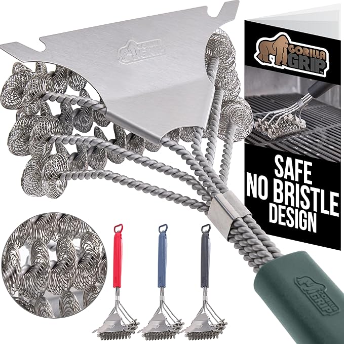 GORILLA GRIP Heavy Duty No Bristle Triple Helix Grill Brush with Scraper for Outdoor Grills, Safe Steam Cleaning, Oversized Comfortable Handle Grip with Bottle Opener, BBQ Tools, 17.5 Inch, Green
