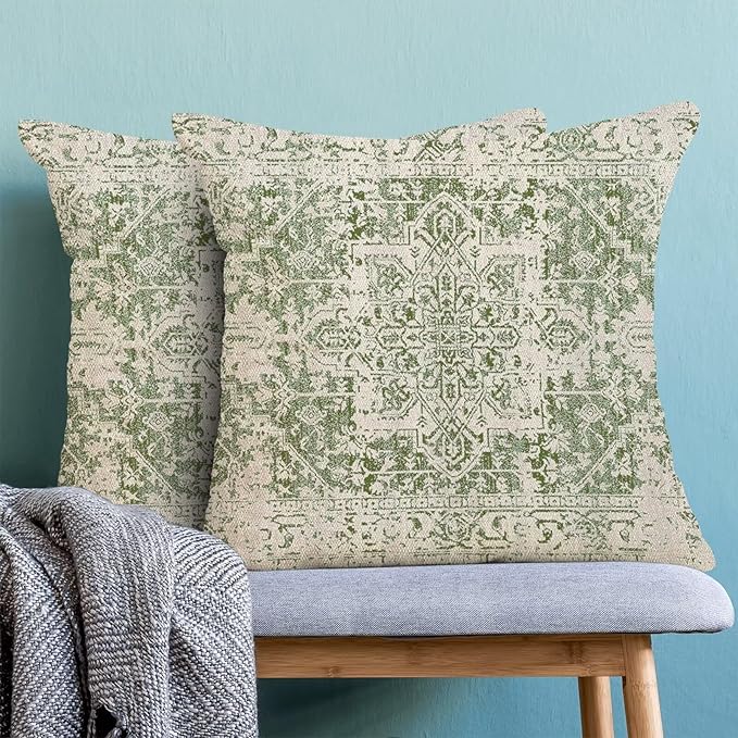 BETGINY Spring Sage Green Ethnic Boho Throw Pillow Covers 16 x 16 Inch Pack of 2, Bohemian Carpet Pattern Decorative Pillow Cases Vintage Outdoor Linen Farmhouse Cushion Case for Home Sofa Decor