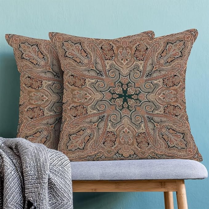 Boho Throw Pillow Covers 18x18 Inch Set of 2, Linen Ethnic Design Pattern Decorative Throw Pillow Covers Brown Carpet Pattern Outdoor Cushion Cover for Sofa Couch Farmhouse Room Bed Decor