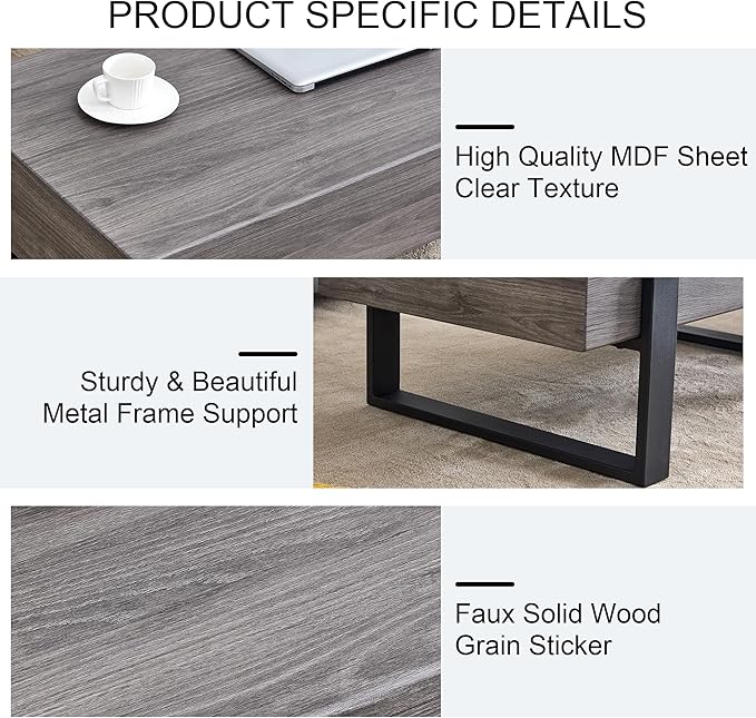 47.2'' Rectangular Coffee Table Morden Grey Table Top Black Legs for Living Room Office