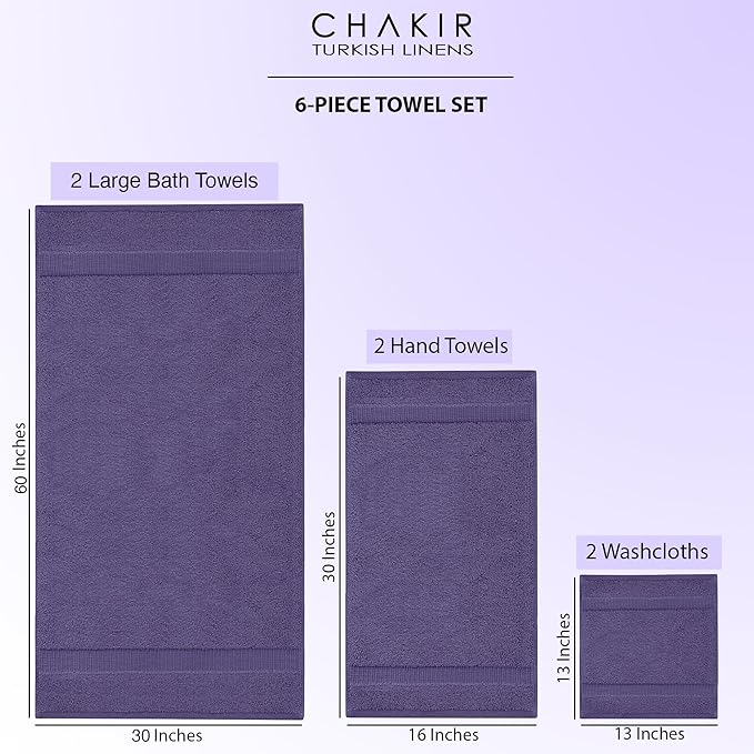 Chakir Turkish Linens 100% Cotton Premium Turkish Towels for Bathroom, 2 Large Bath Towels, 2 Hand Towels, 2 Washcloths (6-Piece Towel Set, Plum)