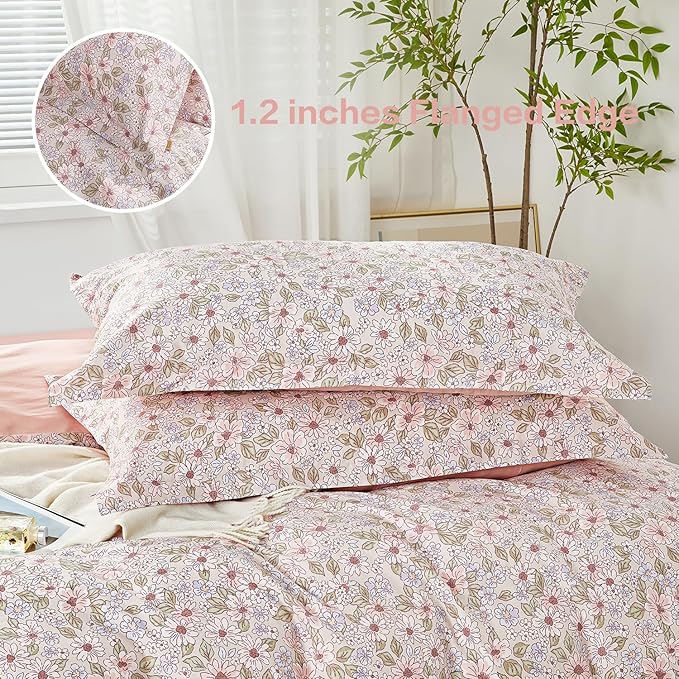 SAPHREAS Duvet Cover Set Twin 2pcs Blue Pink Floral Blossom Bedding Comforter Cover Set 100% Cotton 1 Duvet Cover 68"x90" 1 Pillow Sham, Comforter Not Included