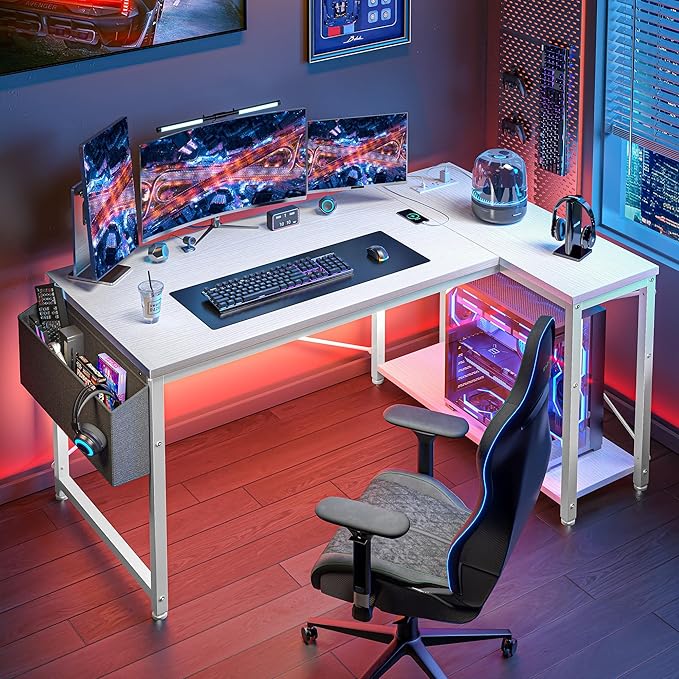 EnHomee Small Computer Desk with Storage Shelves & Side Bag, 40 Inch L Shaped Gaming Desk with Power Outlets, Corner Desk Study Writing Table for Home Office Bedroom Living Room, White