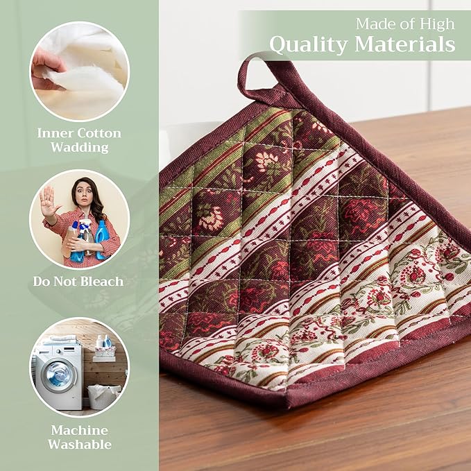 Maison d' Hermine Pot Holders Set 100% Cotton Heat Resistant Potholders 8" x 8" Hot Pads with Loop for Thanksgiving Christmas Decorations Baking Handling Hot Pans (Pack of 2, Reveillon Au Jardin)