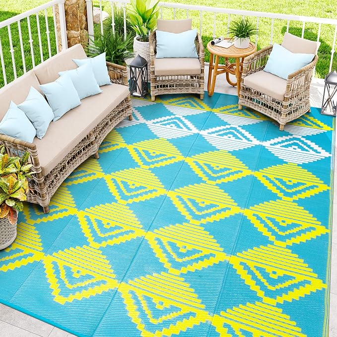 Beeiva Outdoor Rugs 9x12 for Patios, Waterproof Reversible Plastic Straw Patio Mat, Modern Geometric Foldable Outdoor Rug for Camping, Porch, Deck, Backyard, Balcony, Picnic - Blue & Yellow
