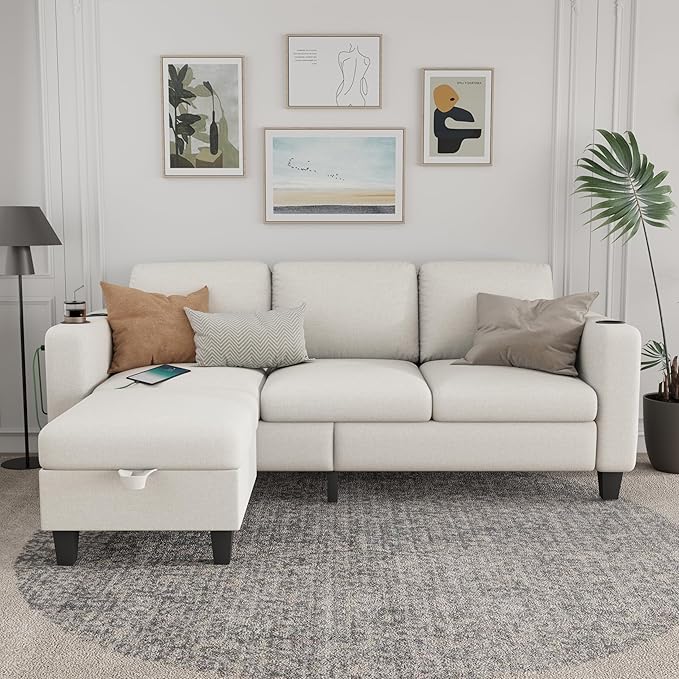 Sectional Sofa Couches for Living Room - 78'' Beige 3 Seat L-Shaped Couch with USB+Type C Port and 2 Cup Holder, Modern Linen Convertible Sectionals Sofas with Storage Ottoman for Apartment