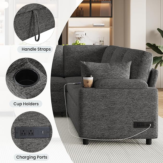Ball & Cast 109.9" Sectional Sofa with Pull Out Bed, Chenille Upholstered Sleeper Sofa bed with Storage Chaise, Convertible U Shaped Couch with Two Cup Holders and Charging Ports for Living Room, Grey