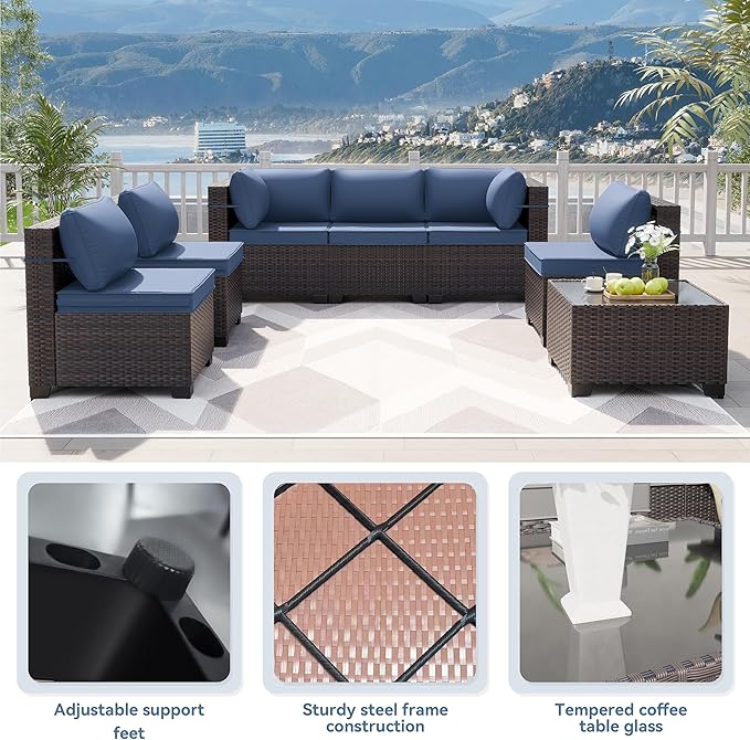 Kurapika 10 Pieces Patio Furniture Set, Rattan Wicker Sofa Set, Outdoor Conversation Sets w/Swivel Rocking Chairs Patio Sectional Sofa w/4 Inch Cushion, Navy Blue