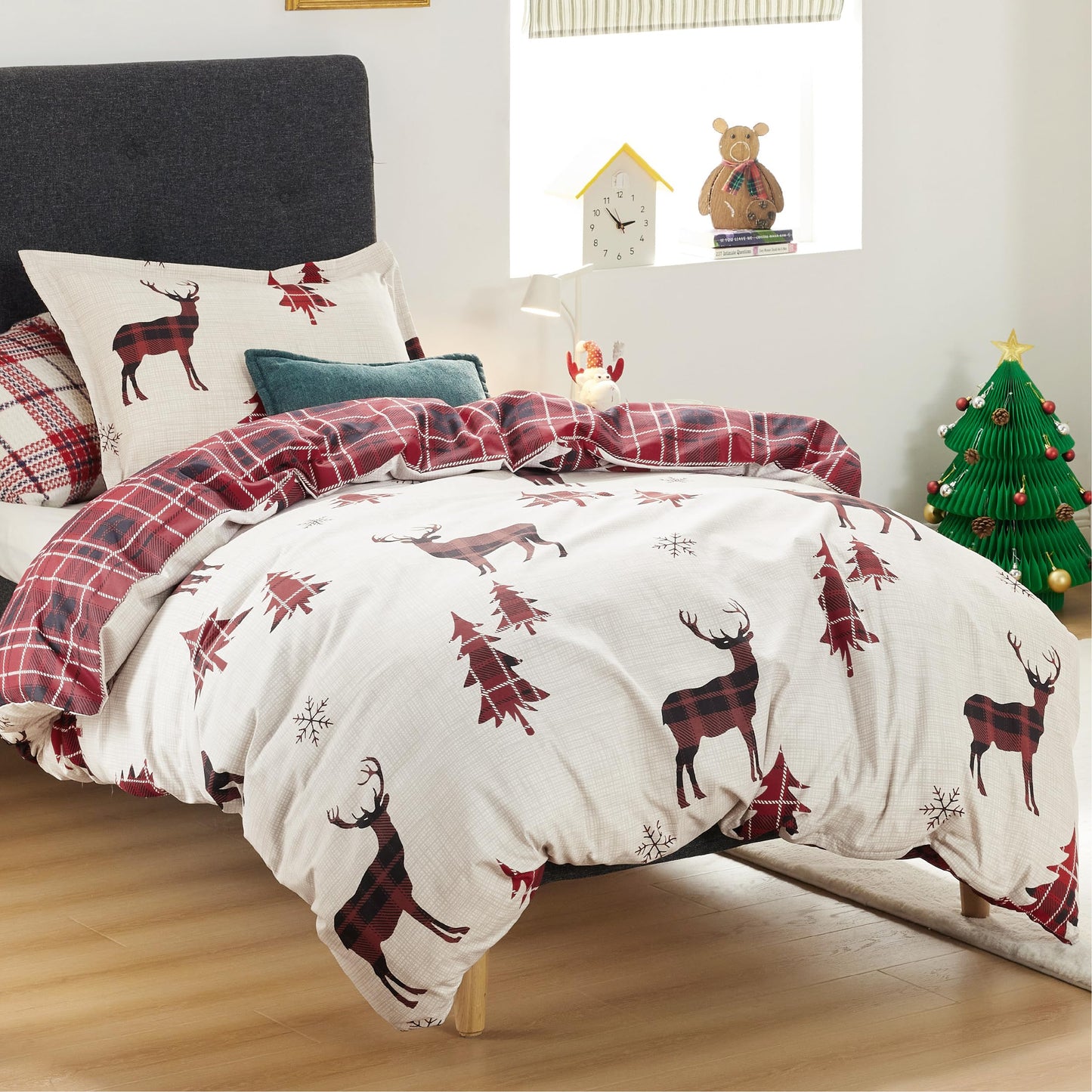 Bedsure Twin Size Christmas Duvet Cover Set - Festive Kids Bedding Set with a Reversible Buffalo Check Christmas Plaid Design, Includes 1 Duvet Cover and 1 Pillow Sham (Twin, Reindeer)
